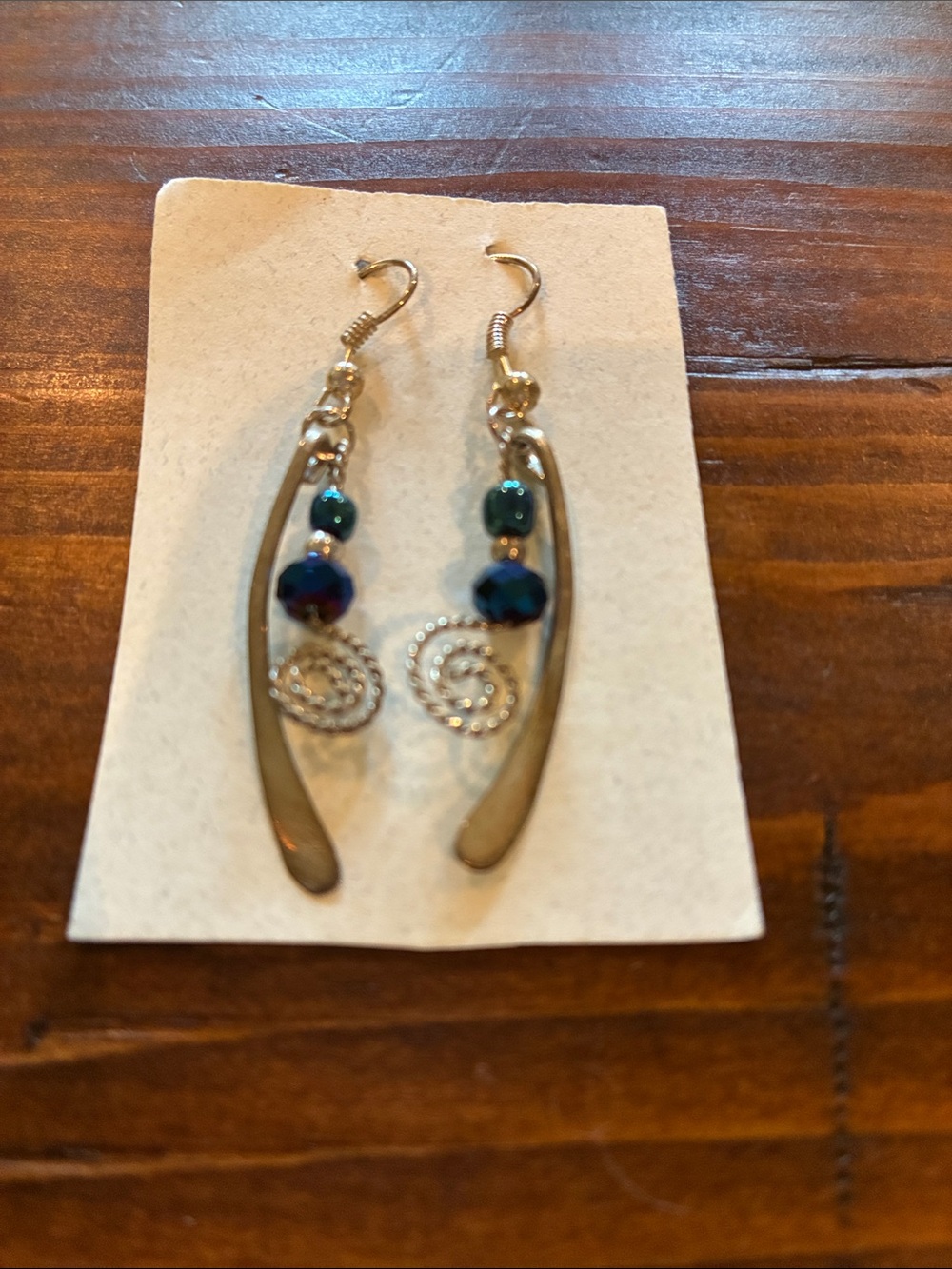 Gold-Tone Drop Earrings with Deep Teal and Navy Beads
